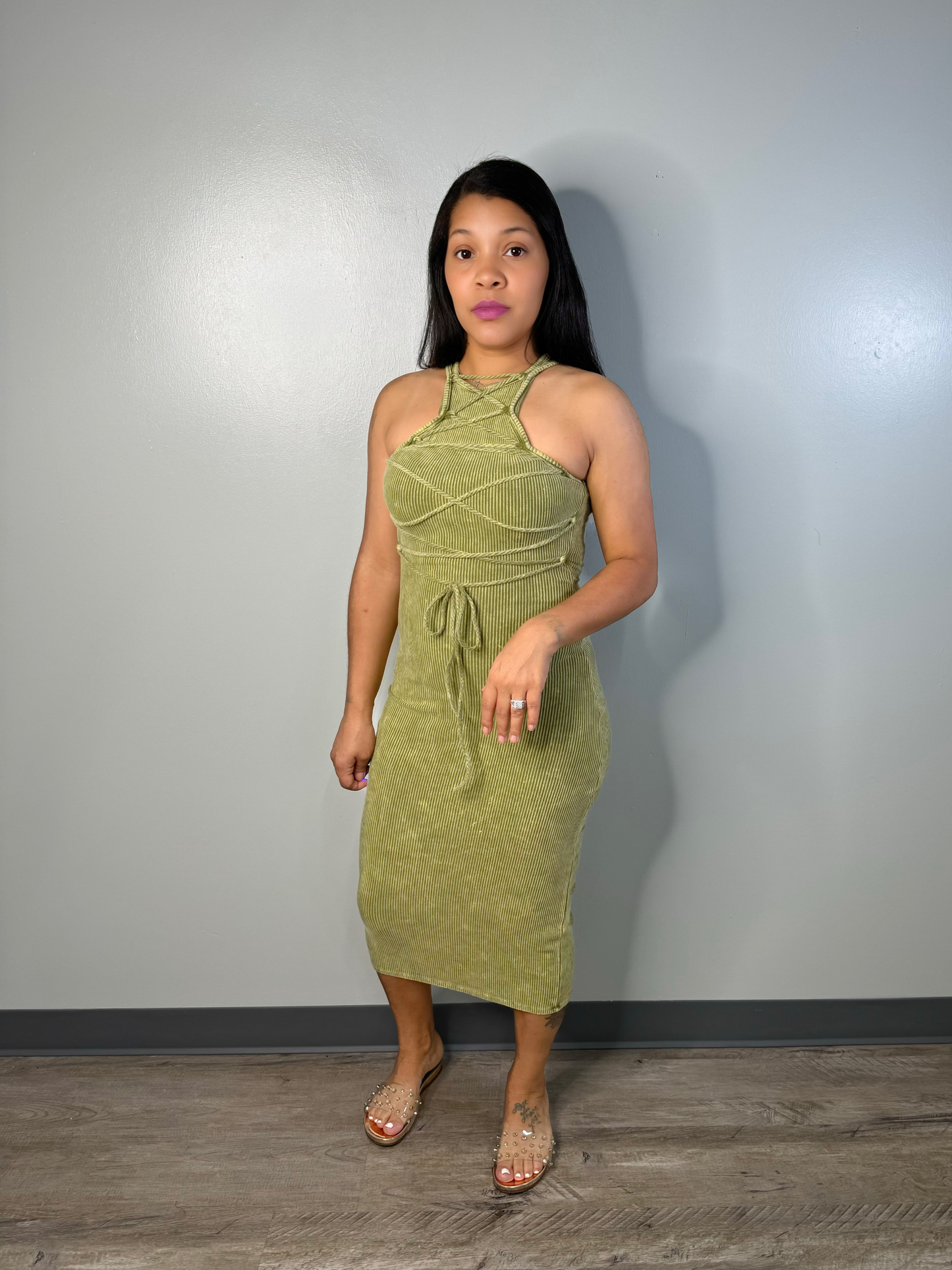 Effortlessly Chic Criss Cross Stringed Sleeveless Dress (Avocado)