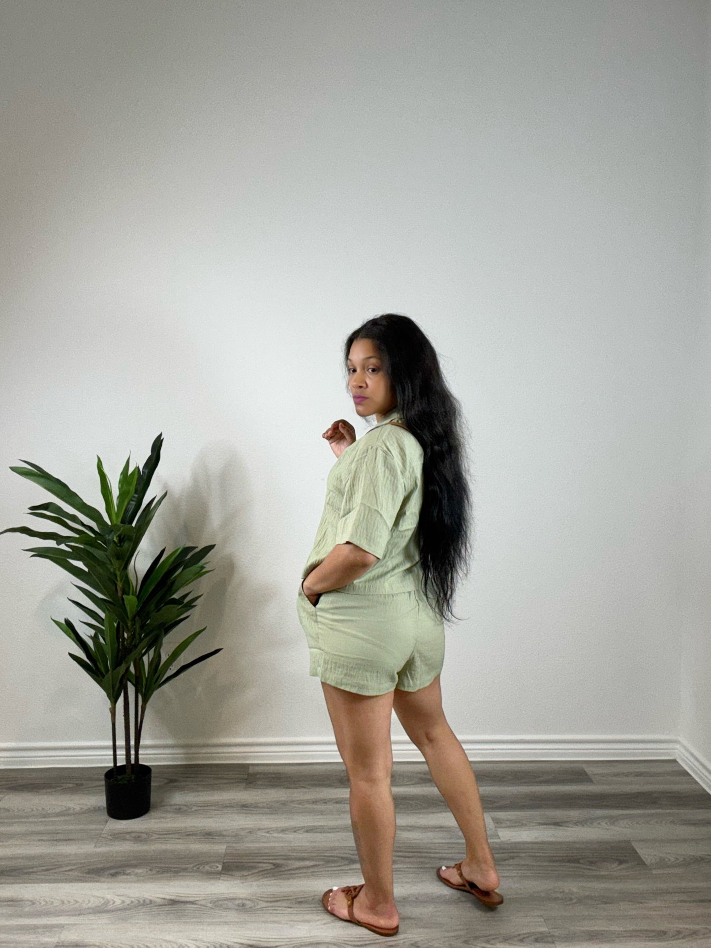 Nola | Out of Office - Linen Blend Crop Top & Short Set (Sage)