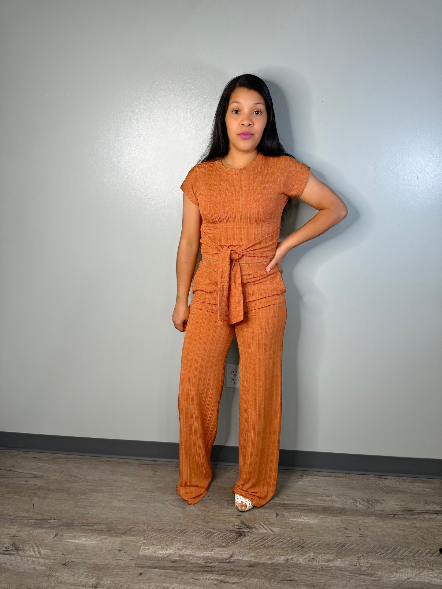 Sophisticated Comfort Crop Top & High-Waisted Pants Set (Rust)