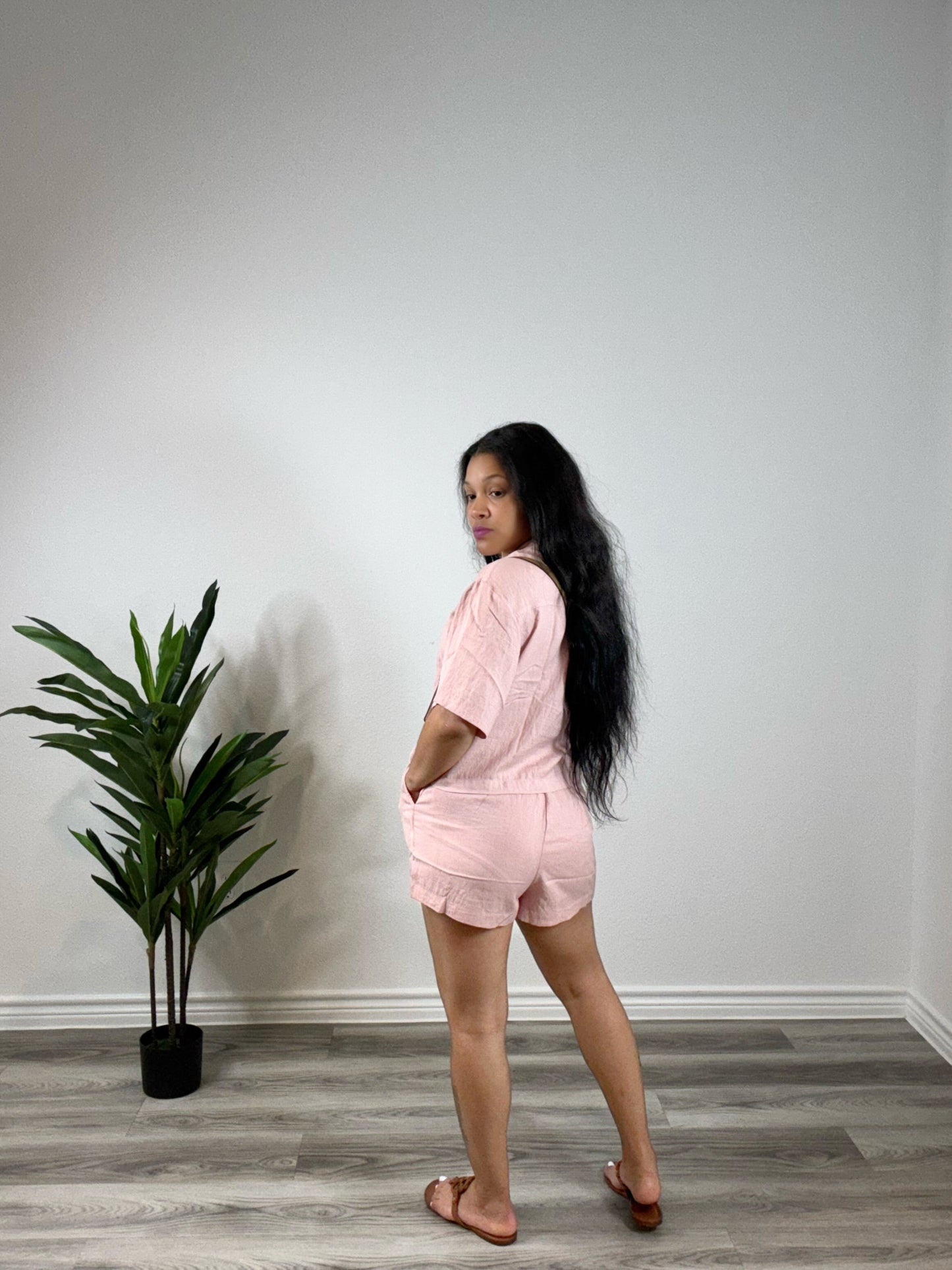 Nola | Out of Office - Linen Blend Crop Top & Short Set (Pink)
