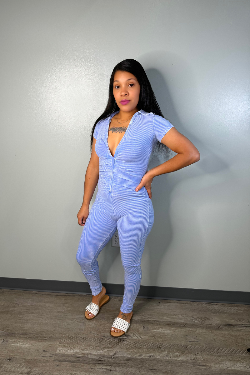 Confidently Cool Mineral Wash V-Neck Short Sleeve Jumpsuit (Light Blue)