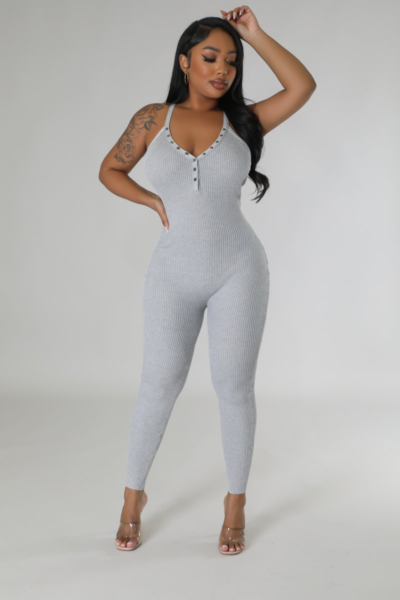 Everyday Ease Ribbed Knit V-Neck Jumpsuit with X-Back (Grey)