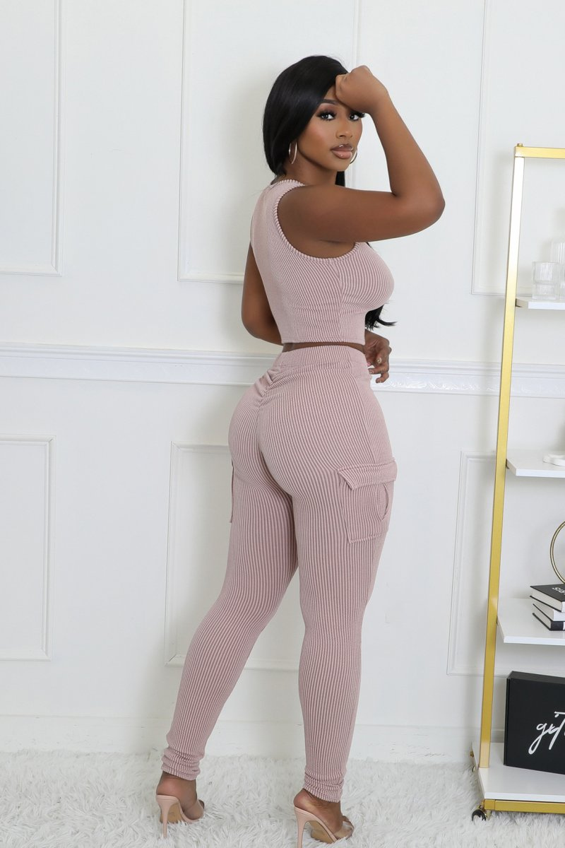 On-The-Go High Waisted Legging Two Piece Set (Taupe)